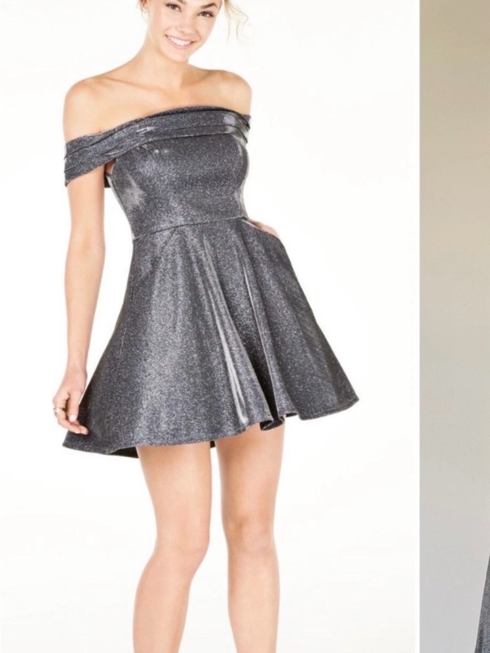 City Studio Off-Shoulder Glitter Mini Dress in Charcoal Silver